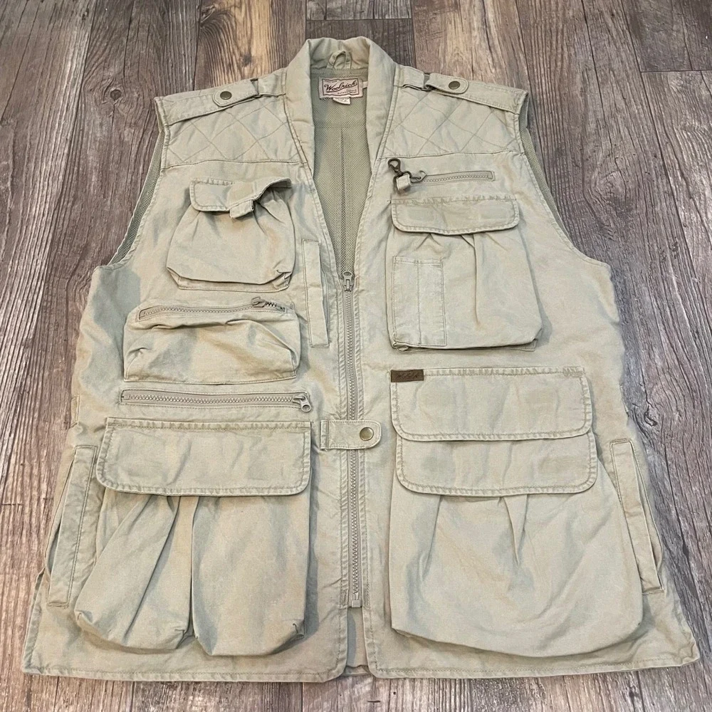 Woolrich Men Khaki Cotton Fishing Utility Vest Multi Pocket Large Rugged Outdoor - Picture 1 of 7